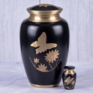 Urna Funeraria para Adultos con Diseño de Mariposas y Flores en Negro y Plata, de Latón Brillante, para Guardar Cenizas Humanas, Urna Conmemorativa para Entierro - Product Image 3