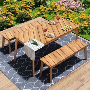 Acacia Wood Dining Set 3-Piece Indoor & <b>Outdoor</b> Furniture Includes 2 <b>Benches</b> & Beer <b>Table</b> for Porch Patio or Picnic - Product Image 1