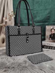 Sac fourre-tout en PU imprimé avec chaînes, motif géométrique, grande capacité, fermeture éclair, sacoche imperméable pour le bureau et les voyages - Product Image 3