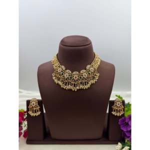 Indian Ethnic Sarika Premium <b>Gold</b> Plated CZ Chorski Necklace <b>Set</b> - Product Image 1