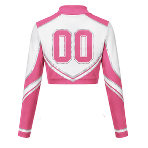 Ensemble uniforme de cheerleading sublimé rose et blanc à manches longues avec jupe plissée pour l'entraînement et la performance sportive d'équipe - Product Image 2