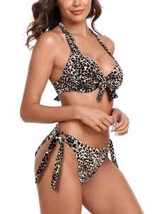 Women <b>Leopard</b> Color Blocking One-Piece Bikini Set Halter Neck Push High Cut Bottom Bandeau Bra Crystal Decoration Stretch Fabric - Product Image 2