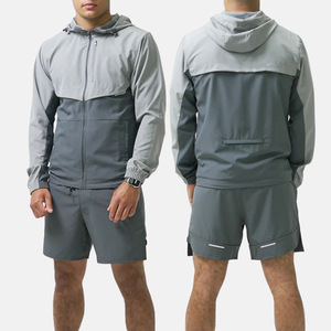 Mens Winter Solid Color Block Hooded Tracksuit 100% Cotton Lightweight <b>Zip</b>-<b>Up</b> <b>Jacket</b> with Reflective Shorts for Sports - Product Image 1