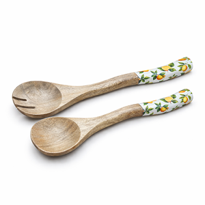 Premium Acacia Wood Salad Server <b>Set</b> – <b>2</b> <b>Piece</b> Designer Serving Spoon <b>Set</b> with <b>White</b> Enamel Coating & Lemon Print - Product Image 1