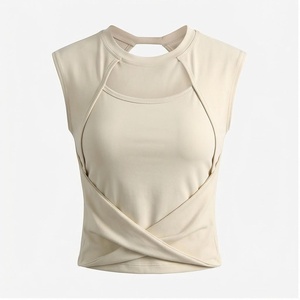 Haut de yoga sans manches à col rond, bretelles croisées, design torsadé, respirant, couleur unie, sans couture, vêtements de sport pour femmes - Product Image 1