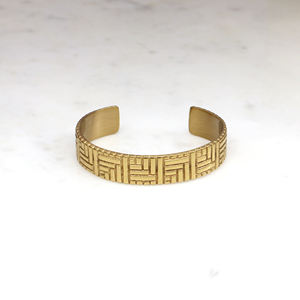 Handmade Brass Cuff <b>Bracelet</b> for Men & Women – Geometric Basket Weave Pattern – <b>Adjustable</b> Gold-Tone Open Bangle - Product Image 3