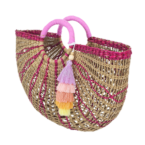High Quality Handmade Half Moon Handwoven Seagrass <b>Bag</b> Colorful Pattern <b>Tassel</b> Handle Eco Friendly Summer Tote Open Vintage - Product Image 5