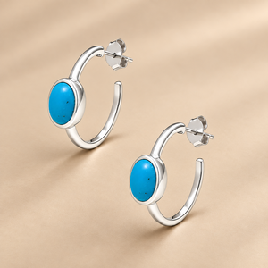 Turquoise 925 <b>Sterling</b> <b>Silver</b> <b>Earring</b> - Oval Cabochon Bezel Half-<b>Hoops</b> - Product Image 1