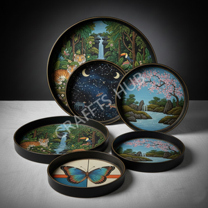 Haute qualité fait à la main MDF en bois émail rond plateau de service ensemble multicolore Premium décoratif thé café élégant grand plateau - Product Image 2