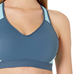 Women's Blue Scoop Neck Halter Brassiere Color Blocking Seamless High <b>Support</b> Breathable Spandex/Polyester <b>Crop</b> <b>Top</b> - Product Image 4