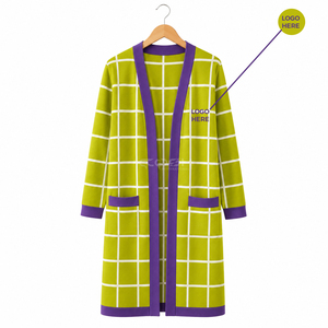 Cosh International Sorority Sisterhood Acrylic <b>Cardigan</b> Sweater Long Open Front Knit <b>Cardigan</b> <b>with</b> Contrast Trim & Patch <b>Pocket</b> - Product Image 1
