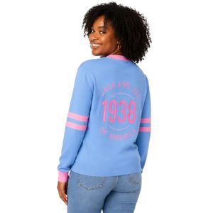 Women Blue Pink V Neck <b>Cardigan</b> Long Sleeve Button Down Knit Sweater Contrast Trim Striped Sleeves <b>with</b> <b>Pockets</b> Casual Fashion - Product Image 2