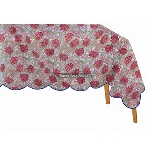 Mantel Rectangular 100% Algodón con Borde Festoneado, Tamaño Personalizado, Estampado Floral, Mantel con Borde Festoneado Estampado a Mano en India para Bodas - Product Image 1