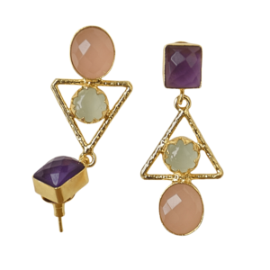 Geometric 3 Stone Drop <b>Earrings</b> Brass <b>Gold</b> Plated Amethyst Rose Quartz <b>Emerald</b> Cut Classic Bohemian Trendy Women's Jewelry Party - Product Image 3