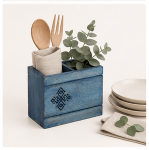 Handcrafted Rustic Blue Wooden Cutlery Holder 2-Compartment Solid Mango Wood Utensil <b>Caddy</b> For Dining Table & <b>Kitchen</b> Countertop - Product Image 2