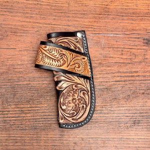 Western Floral Hand Tooled Leather Knife Sheath Holster with <b>Belt</b> Loop Carved Cowhide Genuine Leather Folding Knife Cover <b>Pouch</b> - Product Image 2