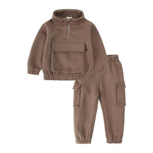 Children's Dark Gray Fleece <b>Tracksuit</b> Set Half-Zip Sweatshirt With Pockets And Elastic Waist Jogger Pants Casual Winter Wear - Product Image 2