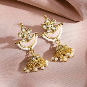 Ensemble collier et boucles d'oreilles plaqué or avec motif de fleurs en émail rose pour femmes, bijoux de mariage - Product Image 4