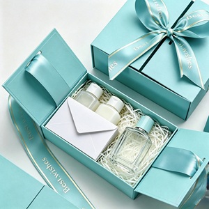Elegant Teal Rigid Cosmetic Gift <b>Box</b> With Satin Ribbon And Gold Foil Best Wishes Print For High-End Packaging - Product Image 1