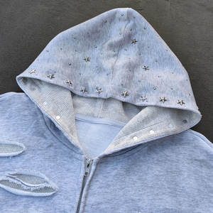 <b>Men</b>’s Oversized Full Zip Hoodie Laser Distressed Detail Rhinestone Star Sleeve Embellishment Embroidered Chest Graphic Hoodies - Product Image 3