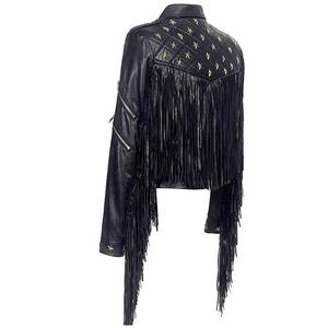 Zipper Design Wholesale Woman Leather Clothes Black Biker Motorcycle <b>Punk</b> Studded Real Leather <b>Jackets</b> - Product Image 2