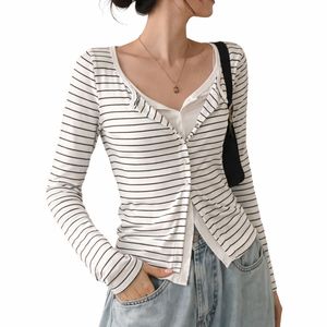 Compre un cárdigan a rayas de alta calidad para mujer, de manga larga, tejido acanalado, ajustado, informal, con botones. - Product Image 3