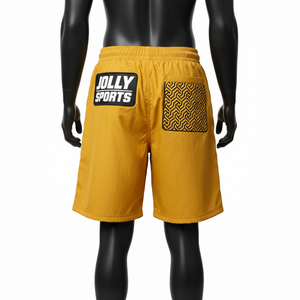 Shorts pour femmes en nylon et élasthanne de qualité supérieure 220 GSM, jaune moutarde, avec empiècements, poche zippée, logo brodé personnalisé - Product Image 2