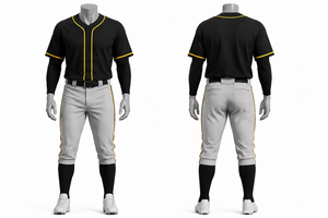 Uniforme de Béisbol Personalizado para Hombre, Jersey Negro con Ribete Amarillo, Pantalones Grises, Ropa Transpirable para Todas las Temporadas - Product Image 1