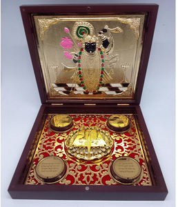 Caja Artesanal Tradicional de Acero Inoxidable, Bañada en Oro, con Ídolo de Shrinath Ji y Monedas Charan Paduka, Arte Multipeza para Boda - Product Image 6