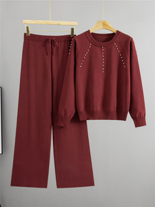 Women Rhinestone Solid Long Sleeves <b>Knit</b> Sweater and Wide Leg Pants Two Piece <b>Set</b> - Product Image 2