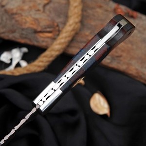 Couteau de poche en acier Damas cuivré, lame pliante, fait main, mosaïque premium, manche en bois de rose et bleu, pointe clip, EDC, camping en plein air - Product Image 3
