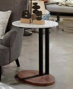 Modern <b>Round</b> Marble Top <b>Side</b> <b>Table</b> With <b>Black</b> Metal Legs And Wood Base Indoor Living Room Decor Accent Piece - Product Image 1