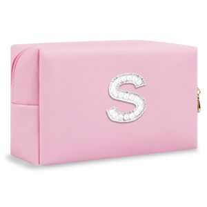 Borsa per il Trucco Personalizzata 'Preppy for Pink' con Applicazione di Perle e Strass, Regalo per la Sposa, Pochette Cosmetica/da Toilette Personalizzata - Product Image 1