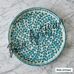 Bandeja y Plato Decorativo de Madera Hecho a Mano con Incrustaciones de Hueso Redondas y Patrón en Espiral de Pétalos Azul Turquesa para Ramadán y Bodas - Product Image 3