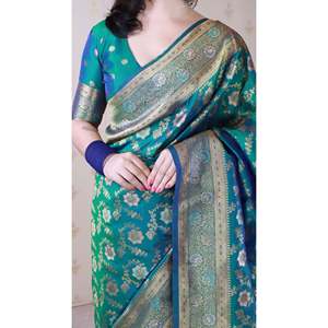 ผ้าซิ่นไหมพรมสีเขียวลายบาเนราซี แบรนด์อีลิท วีฟส์  ผ้าไหมเนื้อนุ่ม ประดับด้วยดิ้นทอง  มีนาคารี  งานฝีมือสุดหรูจากอินเดีย น้ำหนัก 650 กรัม - Product Image 2