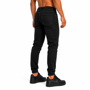 Men's Black High <b>Waist</b> Slim Fit Denim <b>Jeans</b> With Drawstring <b>Elastic</b> <b>Waist</b> And Cuffed Ankle Casual Style Autumn Wear - Product Image 4