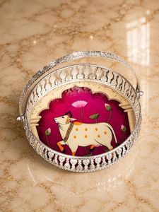 Royal Kamdhenu Art German Silver Gift <b>Basket</b> <b>Tray</b> With Handle Handmade Iron Decorative Hamper <b>Tray</b> Luxury Festival Serving <b>Tray</b> - Product Image 3