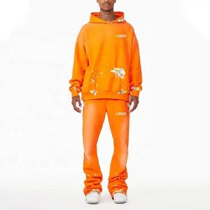 ชุดเสื้อสเวตเตอร์พิมพ์ลายพัฟชุดเสื้อผ้า2ชิ้นผ้าฟลีซผ้าฝ้ายธรรมดาโอเวอร์ไซซ์เสื้อครอปมีฮู้ดและกางเกงขาบานสำหรับทุกเพศ - Product Image 2