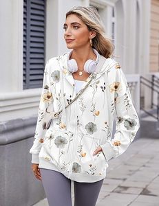 Sudadera con Capucha Blanca con Estampado Floral para Mujer, Manga Larga, Corte Holgado Informal, Proveedor Mayorista de Logotipos Personalizados - Product Image 6