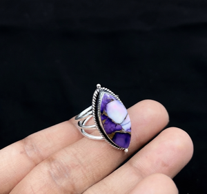 Anillo Marquise de Jaspe Dahlia Morado, Cabujón de Piedra Preciosa Blanca Lavanda, Joyería Vintage de Tono Plateado Estilo Suroeste - Product Image 5