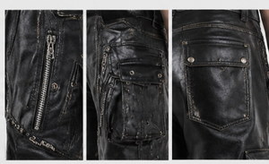 Pantalon moto pour homme en simili cuir noir, taille haute, plusieurs poches, fermeture éclair, style hiver lourd - Product Image 2