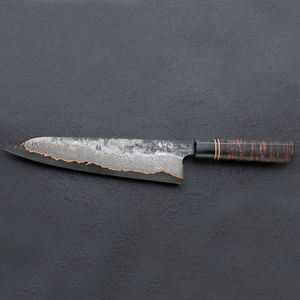 Cuchillo de cocina premium hecho a mano con patrón de cobre damasco y mango de madera estabilizada para acampar y cocinar en viajes. - Product Image 6