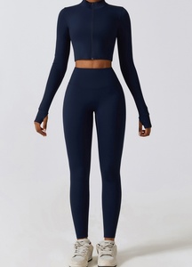 Black 2 Piece Yoga Set <b>Crop</b> Top High Waist <b>Leggings</b> Full Sleeve Zipper Front Seamless Spandex Polyester Sweat Wicking - Product Image 4