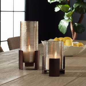 Modern Ribbed <b>Glass</b> <b>Hurricane</b> Set With Bronze Metal Base Elegant Industrial Design For Home Decor & Events Premium Quality - Product Image 2