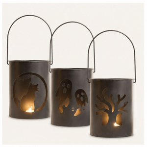 Ensemble de 3 lanternes en métal artisanales pour Halloween, style vintage, en fer noir, avec découpes de fantômes, de chats noirs et d'arbres effrayants - Product Image 3