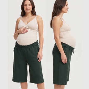 Shorts de grossesse et d'allaitement pour femme, 100% coton molletonné, coupe décontractée, effet vieilli à la taille, grammage lourd - Product Image 1