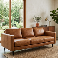 Elegante Sofá Cama de Cuero Vacuno Genuino de Estilo Moderno, 3 Plazas, Estructura de Madera Marrón, Muebles para Sala de Estar, Estilo Villa