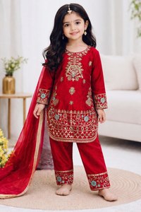 Girls Children <b>Red</b> Embroidered <b>Silk</b> Salwar Kameez Set with Dupatta Traditional Indian Pakistani Clothing for Wedding Party Wear - Product Image 2