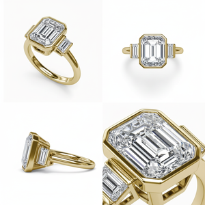 Anello Art Deco con Tre Pietre Taglio Smeraldo, Montatura a Castone con Pietre Laterali Baguette, Oro 18K, Anello Passato Presente Futuro - Product Image 2