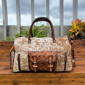 New Hand Tooled & Hair on Cowhide Leather <b>Large</b> Duffel <b>Bag</b> Genuine Leather OvernightLuggage <b>Bag</b> Travel Weekender <b>Bags</b> for Unisex - Product Image 3
